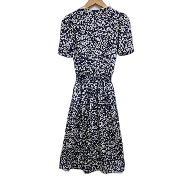 Vintage Stuart Alan Dress 8 Navy Floral Lace Peter Pan Collar Smocked Waist - Picture 2 of 11